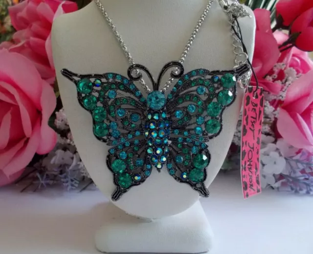 Betsey Johnson Green/Blue Crystal & Rhinestone Butterfly Pendant Necklace/Brooch