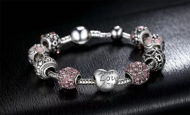 18k White Gold Plated Pink Crystal LOVE Heart Charm Bracelet Made With Swarovski