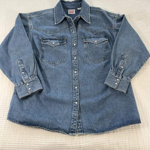 Levis Top Womens 1X Plus Size Blue Denim Pearl Snap Shirt Western Cowgirl Chore