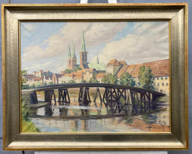 Ölbild Impressionist Stadtansicht Lübeck Malerwinkel Dankwartsbrücke Borsch sign 2