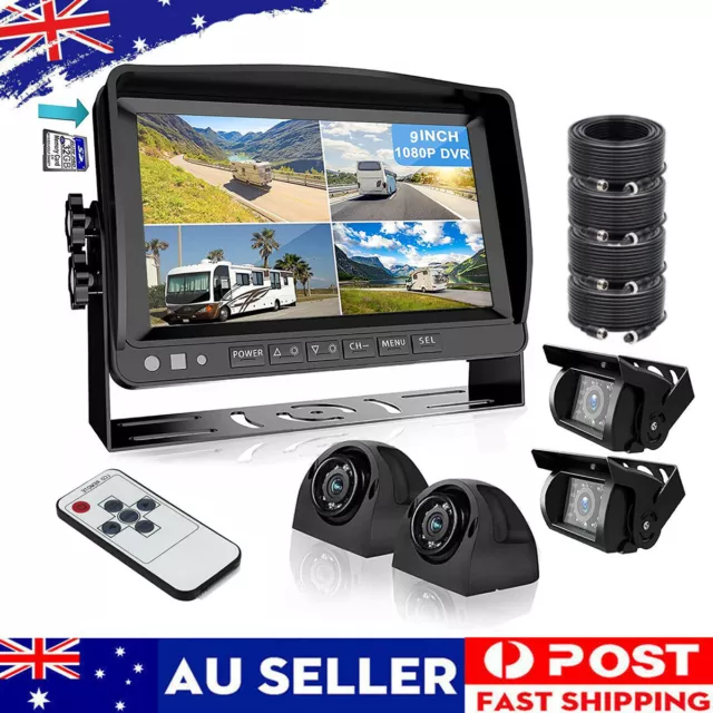 9" Quad Monitor Screen Rear View Side Backup Ccd Camera Reverse System Truck Au