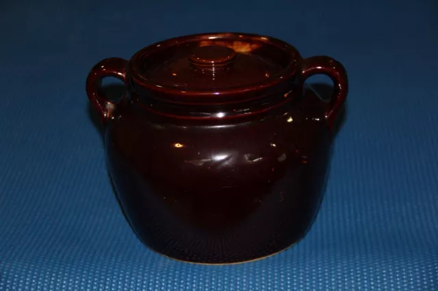 Vintage Brown Glaze Stoneware Crock Bean Pot With Handles and Lid Pottery USA