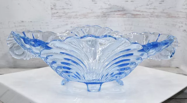 Cambridge Caprice Moonlight Blue Oval 4-Toed Handled Console Bowl 4”T 12”L