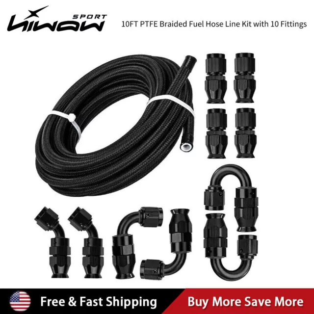 6AN-8AN-10AN Black Nylon E85 PTFE Fuel Line 10FT With 10 Fittings Hose Kit