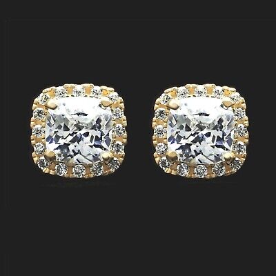 1.90Ct Coussin Imitation Diamant Halo Clou Boucles 14K Jaune or Sur Argent