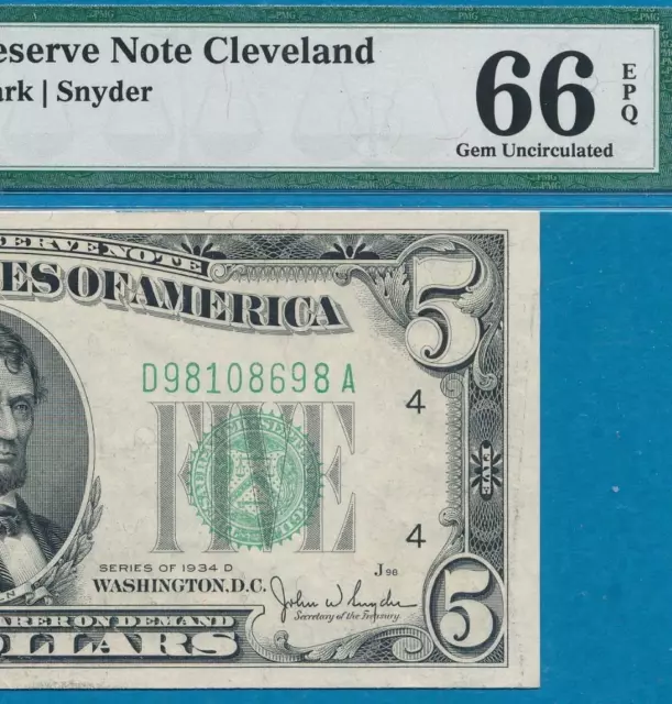 $5.00 1934-D  Cleveland District  Green Seal Frn Pmg Gem  New 66Epq