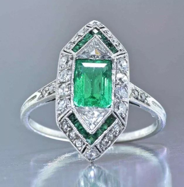 Art Deco Green Emerald Lab Created Diamond Engagement 14K White Gold Filled Ring