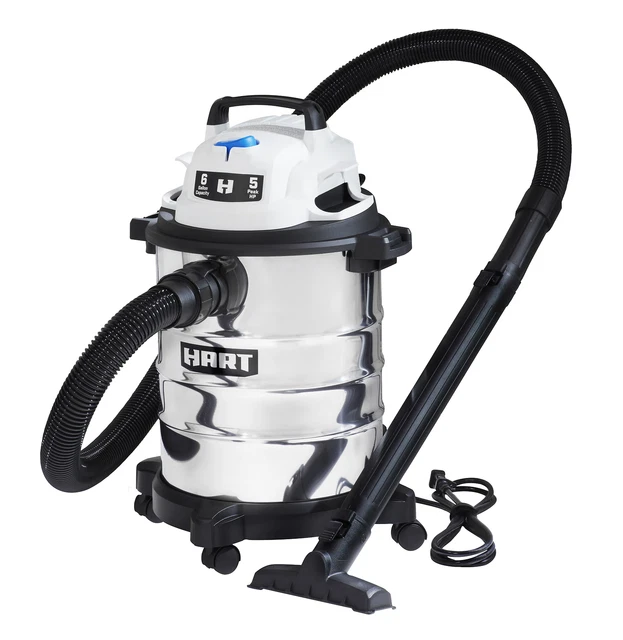 HART 6 Gallon 5 Peak HP Stainless Steel Wet/Dry Vacuum with Cartridge Filter