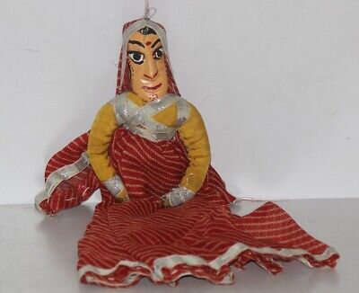 Rajasthani Vintage Hand Crafted Wooden Head & Red Cloth Woman Puppet Toy Doll