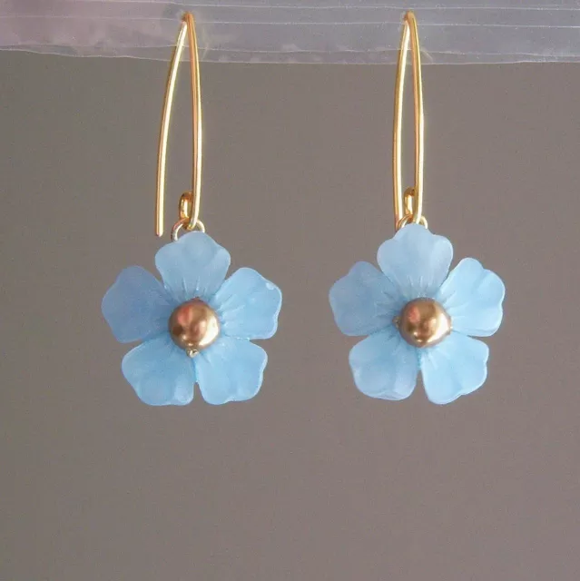 Handmade Blue Lucite Flower V-Hook Earrings with Pearl Center - Custom Colors