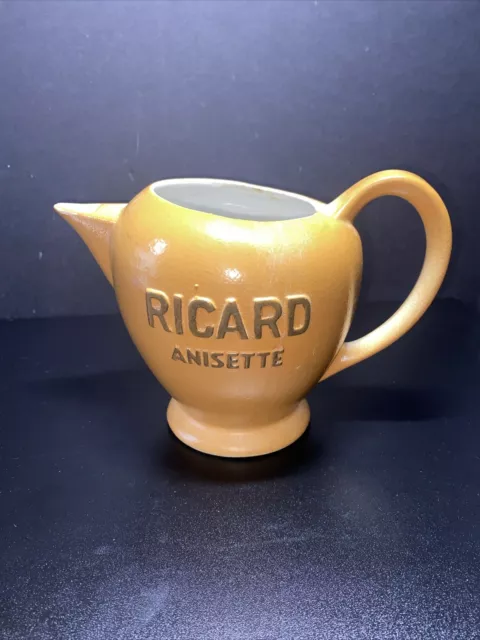 Vintage RARE Ceramic Pitcher Ricard Anisette Made in France Mustard Glaze NICE !