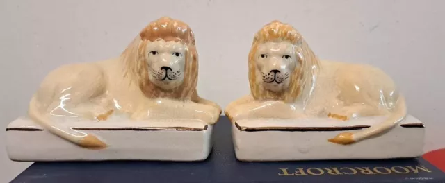 Slip Cast Staffordshire Ceramic Lion Bookends Pair with Gold Trim