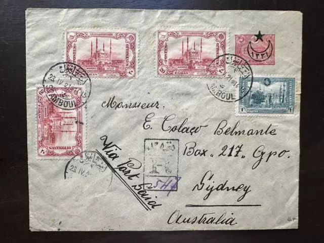 OTTOMAN-TURKEY-TURKISH-Constantinople to Australia-Sidney Cover 1921-Many Stamps