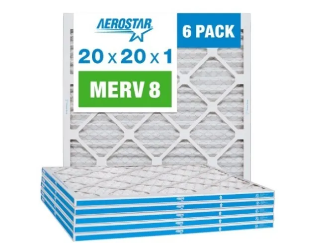 Aerostar 20x20x1 MERV 8 Pleated Air Filter, AC Furnace Air Filter, 6 Pack