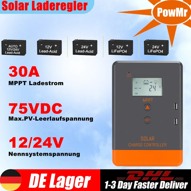 MPPT Solar Laderegler 30A – 12V/24V/36V/48V, LCD, Max. 99% Wirkungsgrad, RS232, IP32 – Für Effizientes Solar-Lademanagement