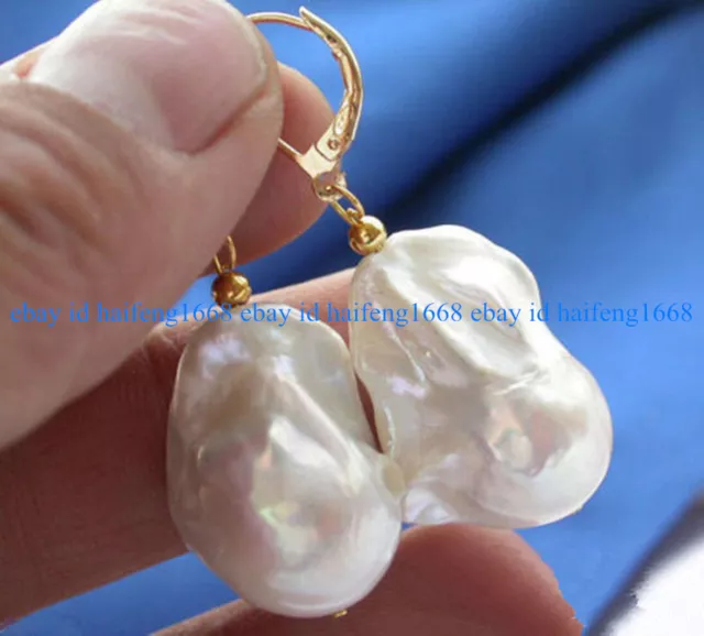 Echt Riesiges Natürliche Weiß Barock Perle Baumeln Gold Leverback Ohrringe