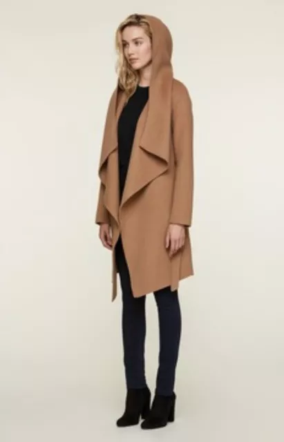 SOIA KYO Samia Double-face Wool Blend Wrap Coat Hood Almond Camel S $495