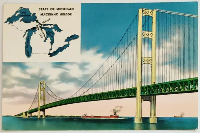 Dual View Map Mackinac Bridge Michigan steamer strait view 1950s Postcard