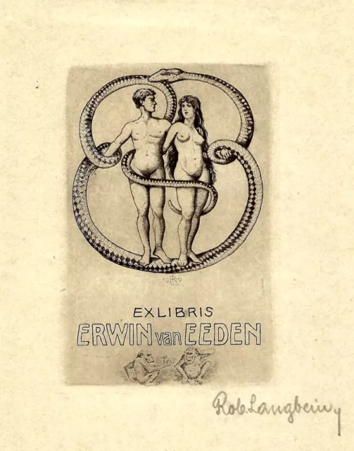 Robert Langbein: Exlibris mit Remarque / Aktpaar mit Ouroboros, zwei Affen Robert Langbein: Exlibris mit Remarque / Aktpaar mit Ouroboros, zwei Affen
