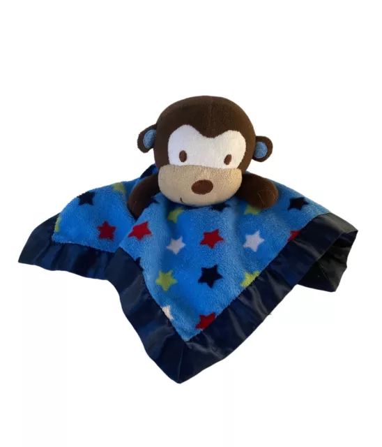 Garanimals Monkey Baby Security Blanket Lovey Blue Satin Trim Stars Baby Plush