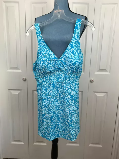 Aqua Blue White Floral Swimsuit With Skirt One Piece Bathing Suit Large