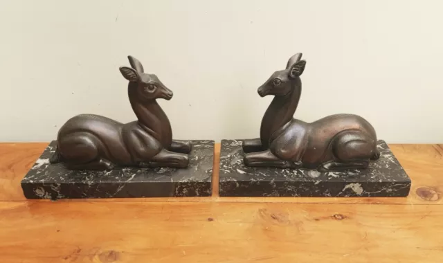 Pair Art Deco Bronzed Spelter Deer Fawn on Marble Base Stylish Decor 2