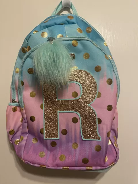 Justice ‘Ombre’ Foil Dot’ Initial “R” Backpack with pompom EUC