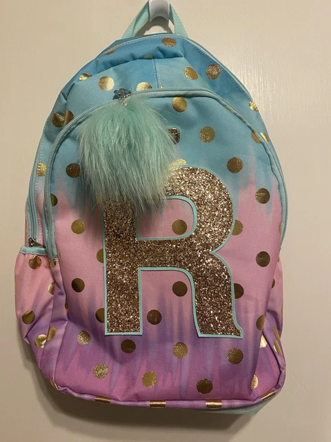 Justice ‘Ombre’ Foil Dot’ Initial “R” Backpack with pompom EUC