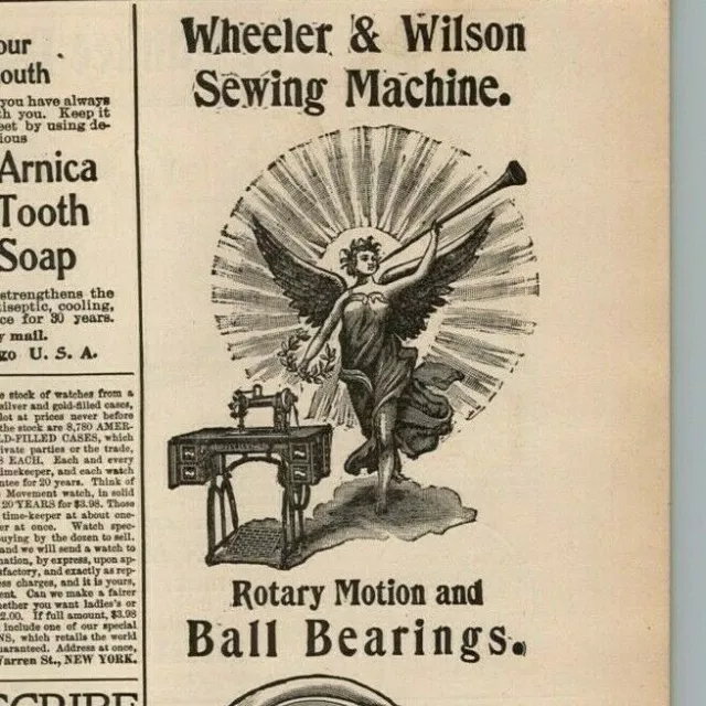 1896 Recreation Print Ad Wheeler Wilson Sewing Machine Angel Horn