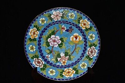 10.2'' Chinese Cloisonne Copper plate flower Butterfly tray old Brass plate