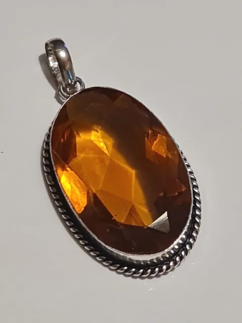 925 Silver Citrine  Gemstone Pendant. Stunning! Large. Faceted. Oval.  2372