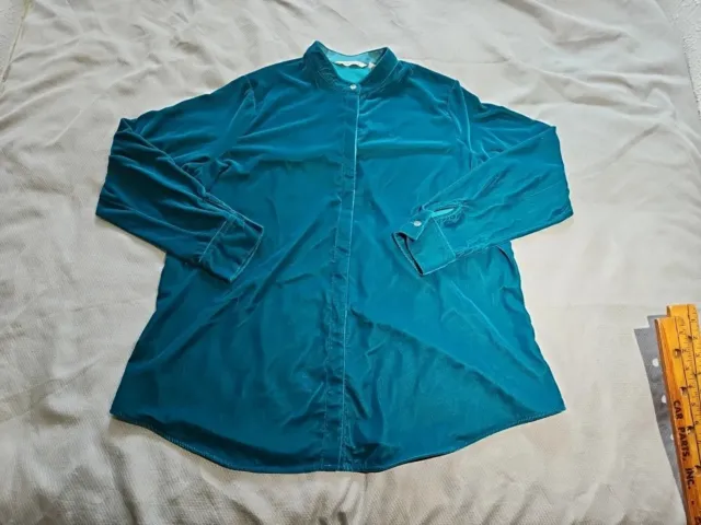 Soft Surroundings Womens Shirt XL Blue Aqua Velour Tunic Button Collared Top