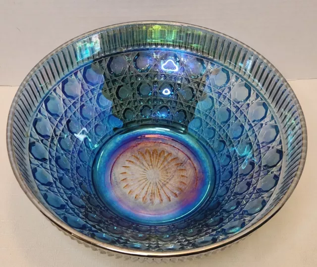 Vintage Indiana Glass 10" Windsor Button Bowl Iridescent Blue Carnival Glass