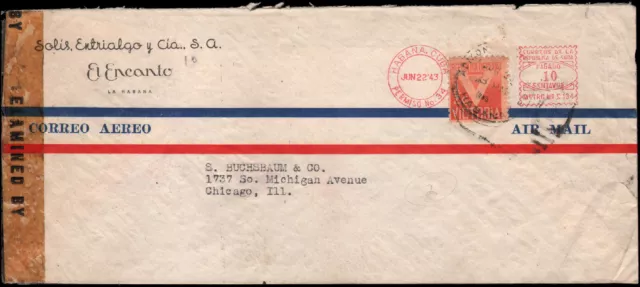 meter and stamp, Havana to Chicago, 1943, censored