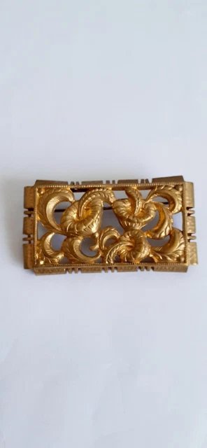 Broche Ancienne Rectangulaire Transparente - Gravure Motif Floral - Acrylique - Bon état
