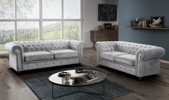 Chesterfield Fabric Grey Sofas 3 + 2 Seaters Sofa, Armchair Dark Grey Silver Vel