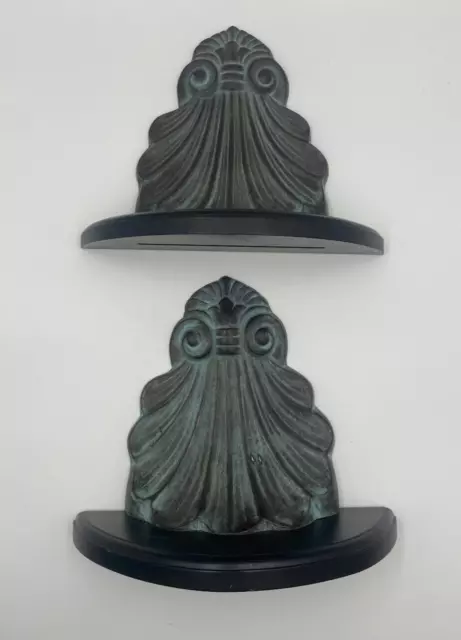 Set of 2 Metal and Wood Green Patina Pedestal Wall Shelves 2