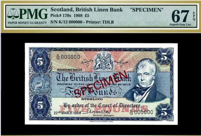 SCOTLAND 1968 5 POUNDS SPECIMEN P#170s PMG UNC 67 - FINEST KNOWN!!