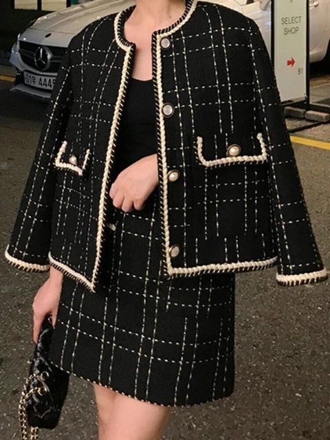 2 Piece Set Women Short Woolen Tweed Jacket Coat & Bodycon Skirt