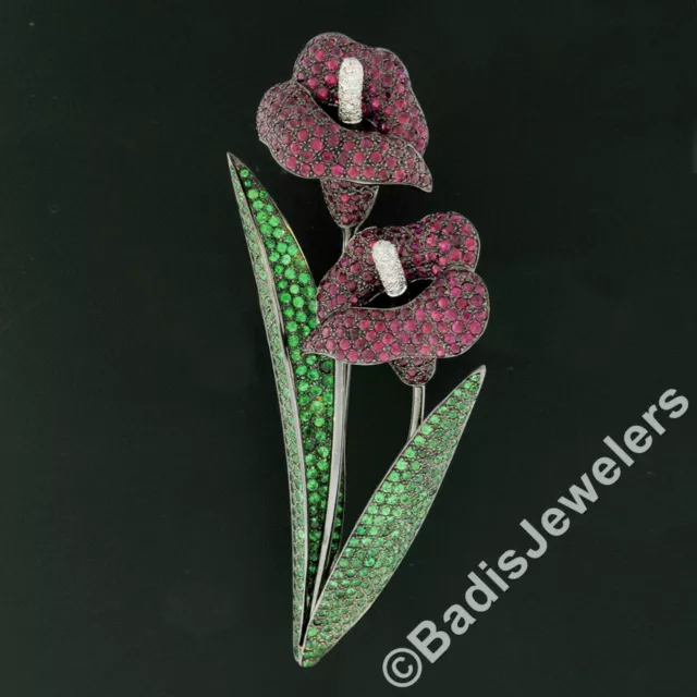 Vintage 18k or Noir Grand Tsavorite Grenade Rubis Diamant Calla Lily Broche 2