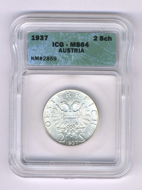 Austria  1937  2 Schilling Silver Coin Choice Uncirculated, Icg Certified Ms-64