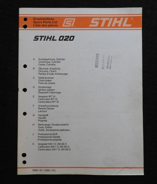 Tronçonneuse STIHL 034 Liste des Pièces de Rechange Uniquement