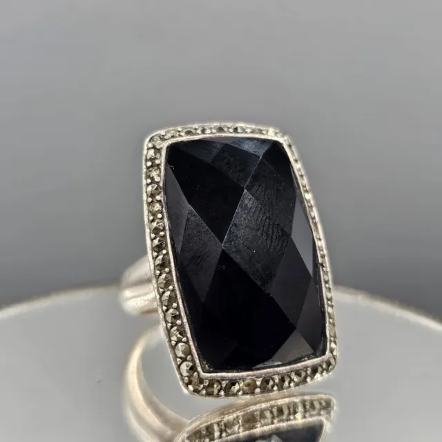 Judith Jack Sterling Silver Ring 925 Black Onyx Marcasite Facet Cut Size 6.75