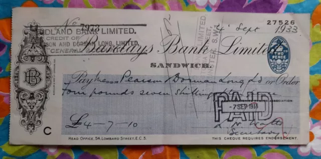 Vintage Cheque-Barclays Bank Ltd, Sandwich-1933-Kent Collieries Rescue Assoc