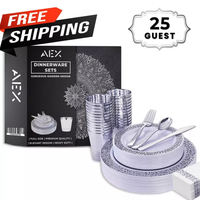 175 disposable dinner set dining Plate forks knives spoons cups for 25 person