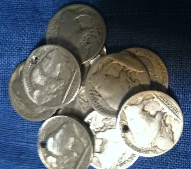 4 Old Buffalo Nickles With Buffalo Showing  With Hole For Collecting Or Craft