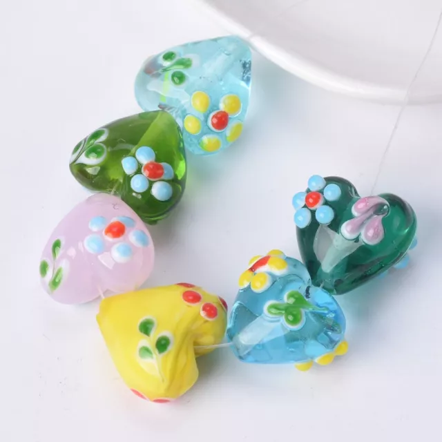 5pcs Handmade Heart 16x14mm Flower Pattern Lampwork Glass Loose Crafts Beads 2