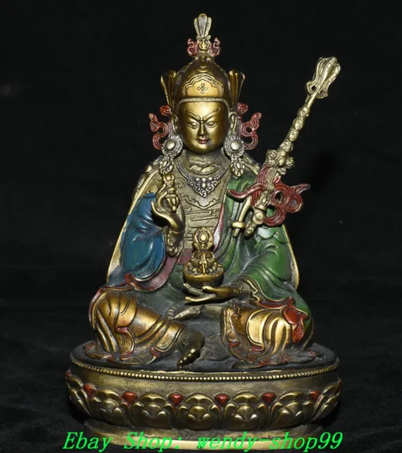 8" Old Tibet Bronze Painting Gilt Guru Padmasambhava Rinpoche Buddha Statue