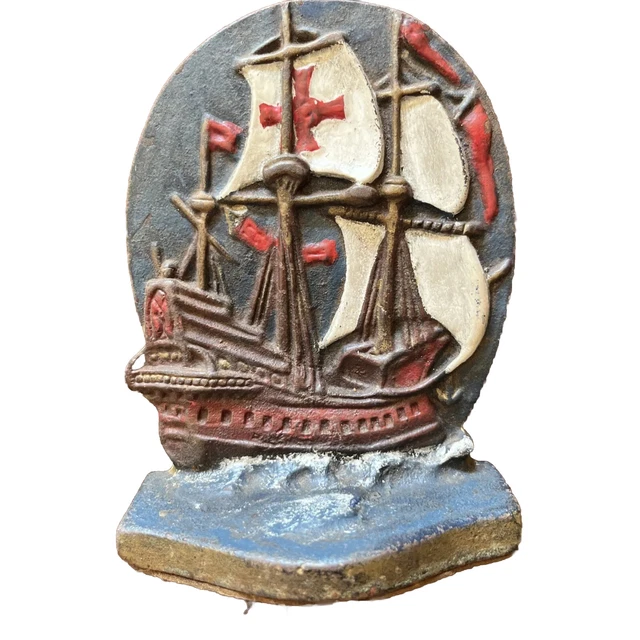 VTG CAST IRON Spanish galleon war ship Door Stop 6”H 2.6lbs. 25.99