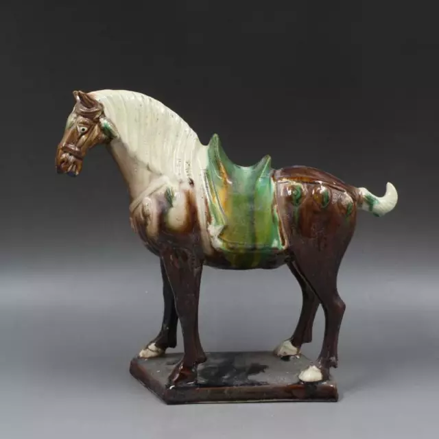Chinese Tang Tri-Color Glazed Ceramics Purple War Horse Porcelain Statue 8.66"